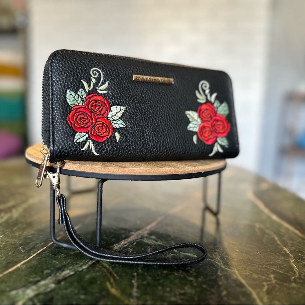 Rampage Wallet/Wristlet Black Faux Leather w/ Red Embroidered Roses